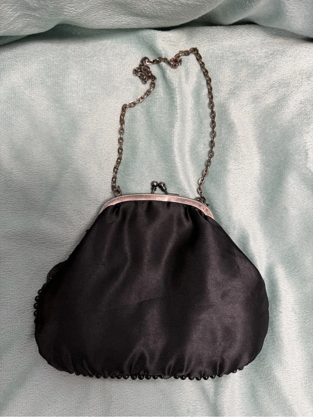 Black Beaded Floral Evening Bag with Chain Strap